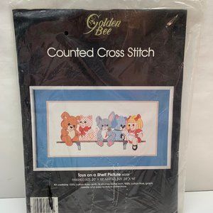 Golden Bee Counted Cross Stitch Toys on a Shelf Picture 20 x 10